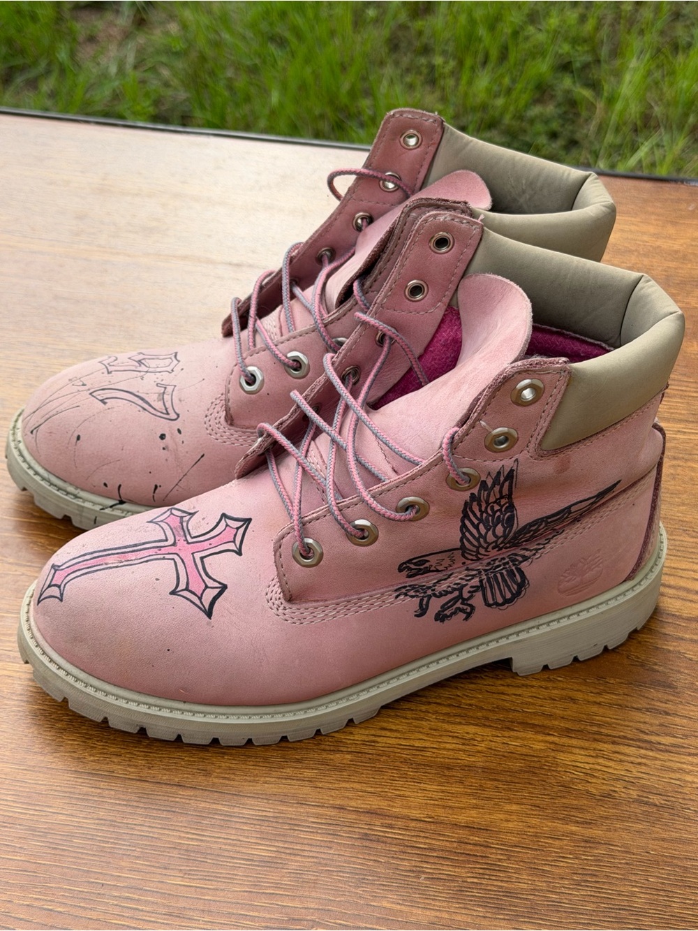 Timberland Pink 6 Inch Boots Girls US 6.5 Custom Art Leather Lace Up